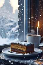 Coffee cup on a plate by a snow covered window creating a cozy winter feeling, AI generated