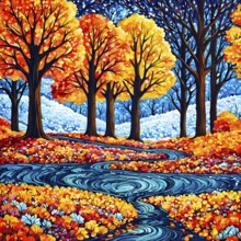 Vibrant depiction wallpaper illustration of trees in transition between autumn and winter, AI