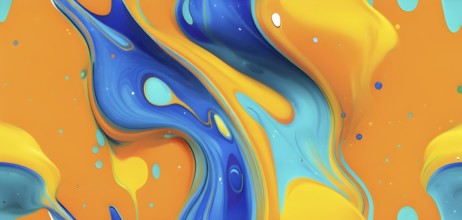 Abstract wallpaper with colorful turquoise and yellow blobs and liquid shapes on a orange