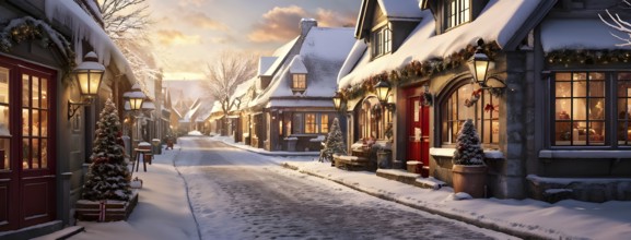 Wintery street scene in a small village with snow-covered rooftops in a warm golden light streaming