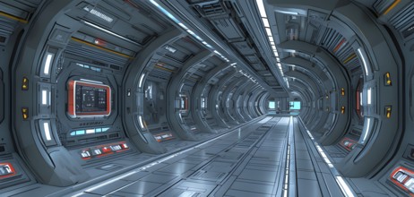 Three dimensional render of futuristic corridor inside a spaceship or space station, AI generated