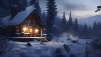 Peaceful winter cabin in the woods, with smoke rising from the chimney, AI generated