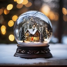 Winter Wonderland in Glass Ball Snow Globe on table and blurred bokeh background, AI generated