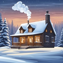 Snow-covered cottage in a serene winter scene in vector style, AI generated