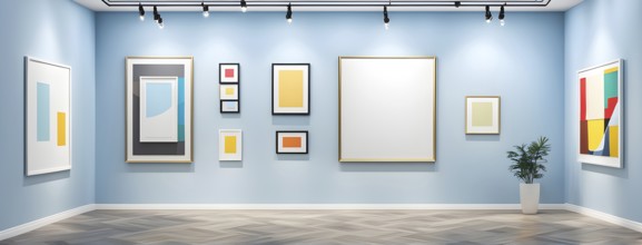 Art gallery with canvas and plastics in a 3D illustration, AI generated