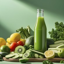 Bottle of vibrant green detox juice surrounded by green fruit and vegetables, AI generated