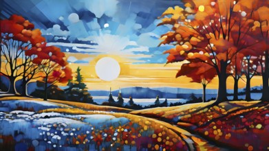 Vibrant depiction wallpaper illustration of trees in transition between autumn and winter, AI