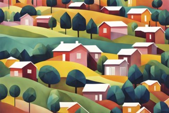 Landscape set in paper art style featuring houses tucked between verdant trees and rolling hills,