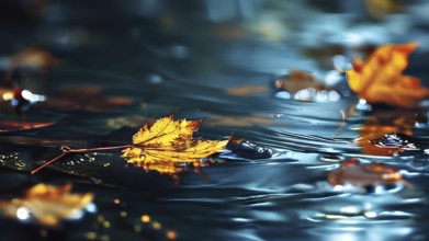 Autumn leaves in hues of orange and red floating on water, AI generated