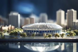 Scale model of soccer stadium on a polished conference table, AI generated