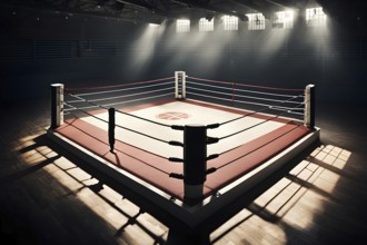 Empty boxing ring with ropes tightly stretched across the square corner, AI generated