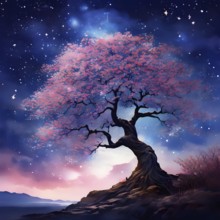 Sakura tree blossoming with pink petals and branches reaching towards a star studded night sky, AI