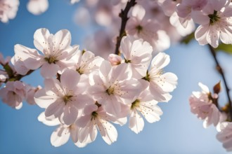 Blooming cherry blossoms with soft pink petals against a clear blue sky, with delicate sunlight