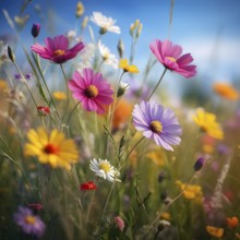 Wildflowers in a meadow, with a soft breeze slightly moving the petals, creating a serene and