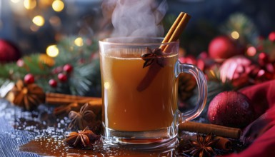 Steaming apple cider in a glass mug, garnished with a cinnamon stick and star anise, surrounded by