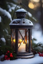 Rustic lantern with a flickering candle inside, surrounded by sprigs of pine and red berries,