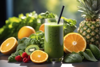 Smoothie surrounded by an assortment of fruits and vegetables, AI generated