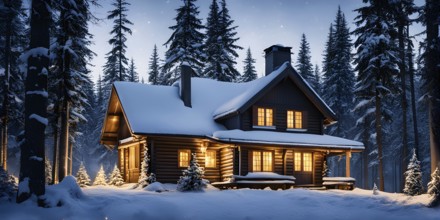 Peaceful winter cabin in the woods, with smoke rising from the chimney, AI generated