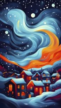 Cozy winter night scene with abstract forms representing a snow-covered village, AI generated