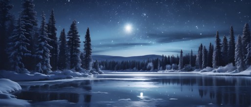 Tranquil winter night scene with a crescent moon and stars shining brightly over a frozen lake,