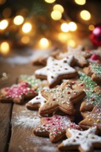 A detailed shot of Christmas cookies on a wooden table, featuring star-shaped cookies with colorful