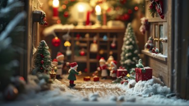 Traditional advent calendar door opening, showing a tiny festive scene inside with miniature