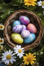 Vibrant-colored Easter eggs in a wicker basket, surrounded by delicate spring flowers, AI generated