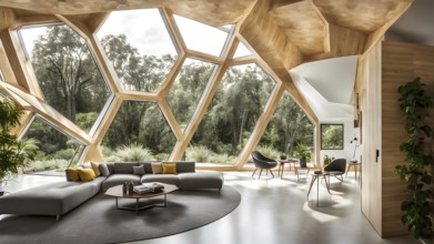 Modern residential house inspired by honeycomb hexagonal patterns, AI generated