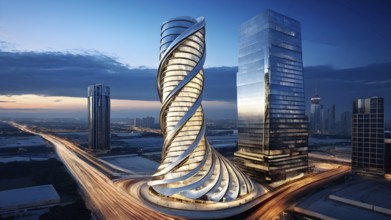 Modern skyscraper design concept showcasing the spiral patterns found in seashells, AI generated