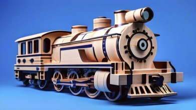 Vintage wooden locomotive toy with a playful design in front of a blue background, AI generated