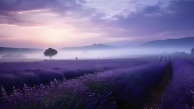 Lavender fields basking in a blanket of fog in sunrise, AI generated