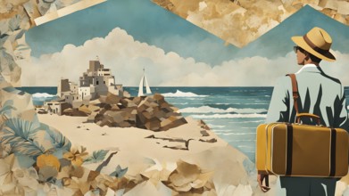 Vintage collage of a tourist with suitcase on a beach symbolizing vacation, AI generated