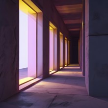 Windows aligned within an elongated tunnel permeated with gradients of soft yellow and pink hues,