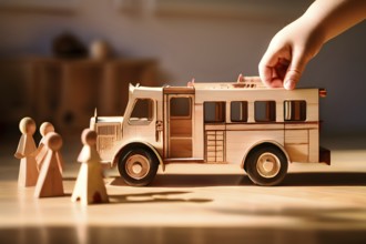 Vintage wooden fire engine toy with a playful design in front of blurred background, AI generated