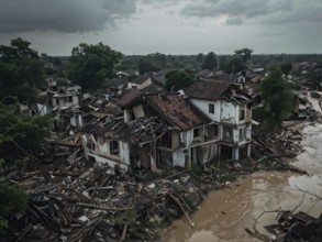 Aerial view showcases the extensive demolition within a village in massive water flood, AI