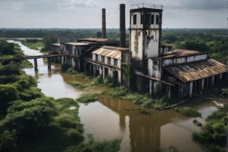 Aerial view on dilapidated factory structures in a water flood, AI generated