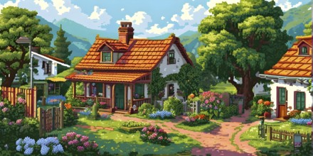 Pixel art illustration of a cozy village in summer with vibrant green roofs and blooming flowers,