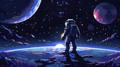 Pixel art illustration of an astronaut outside in the infinite expanse of space, AI generated