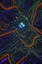 Birds eye view of a circuit board in vivid colored paths and connections, AI generated