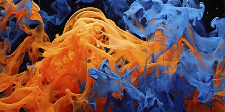 Abstract art of blue and orange liquid smoke in dynamic motion, AI generated