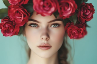 Close up of face of young beautiful woman with red rose flowers on head. Generative Ai, AI