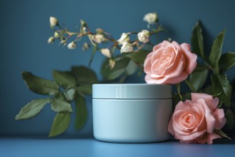 Pot of rose face cream with flowers on dark blue background. Generative Ai, AI generated