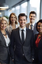 AI generated group of smiling business professionals in an office environment