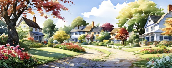 AI generated illustration of colorful countryside houses nestled in a spring or summer scenery with