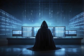 AI generated hooded man clutching a laptop symbolizing cyber criminality