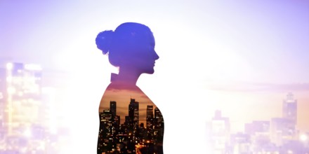 AI generated profile of a businesswoman with a double exposure of city lights, representing