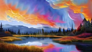 AI generated painting of a surreal landscape with mountains and a lake with digital brush strokes