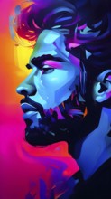 AI generated abstract digital painting of a mans face in vibrant neon colors