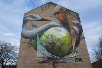 Wall painting with bird species on an apartment block, Nordring, Nuremberg, Middle Franconia,