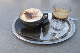 Cappuccino and an iced coffee served on a tray, Bavaria, Germany, Europe